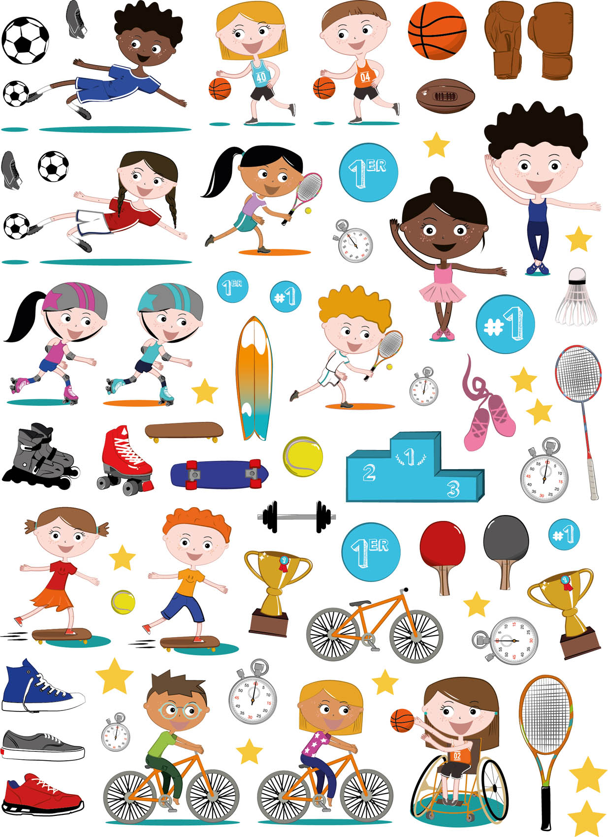 Planche de gommettes d'enfants de toutes ethnies faisant du sport