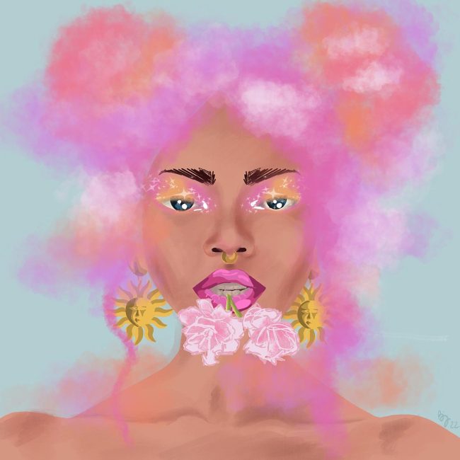 femme avec des cheveux nuages qui tient des fleurs dans la bouche; par illustratrice freelance