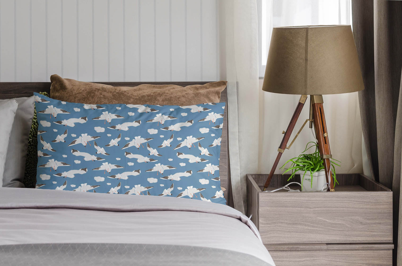 coussin motif oiseaux marins dans ambiance scandinave