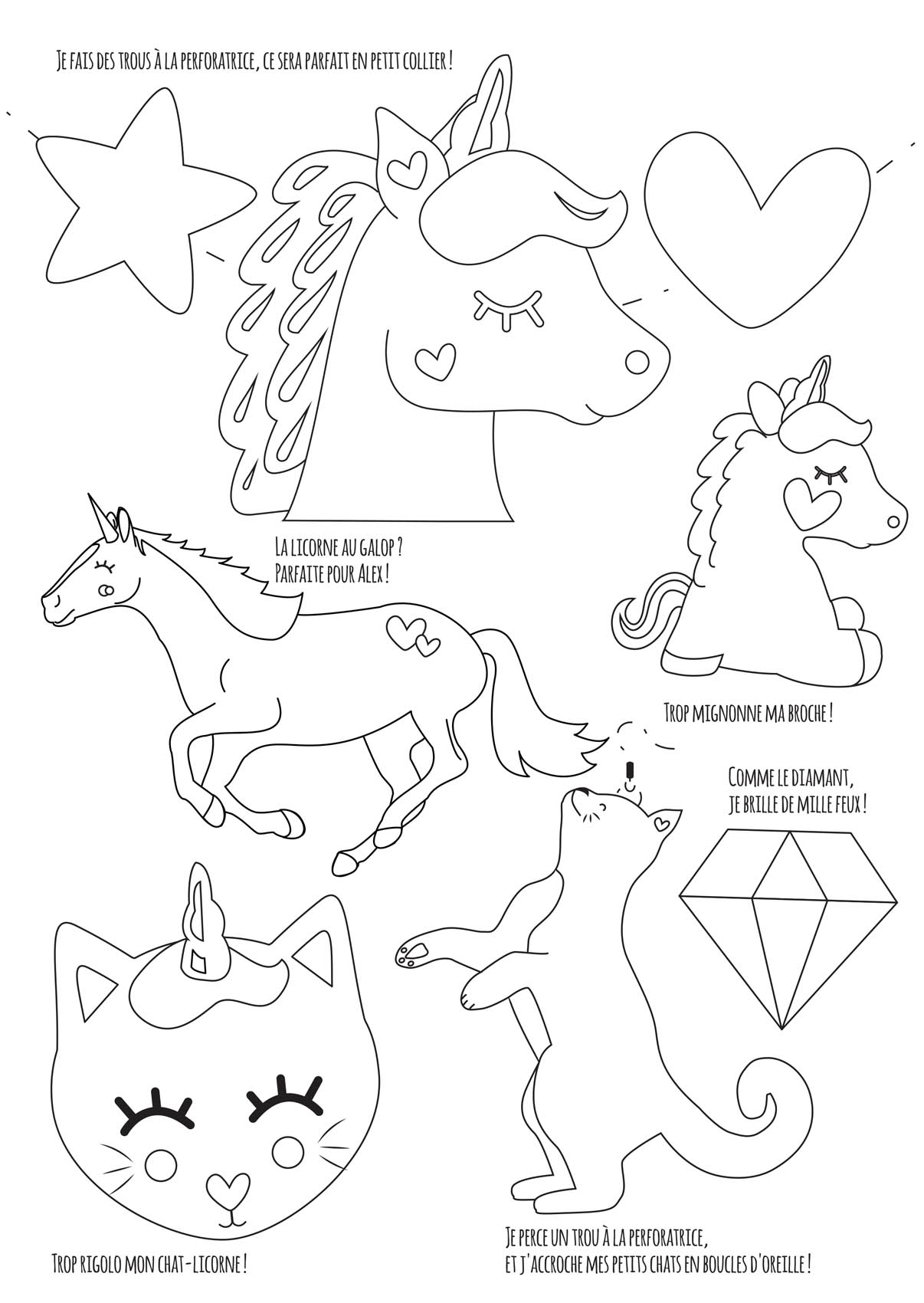 illustrations contour noir sur fond blanc cheval, licorne, chat et diamant