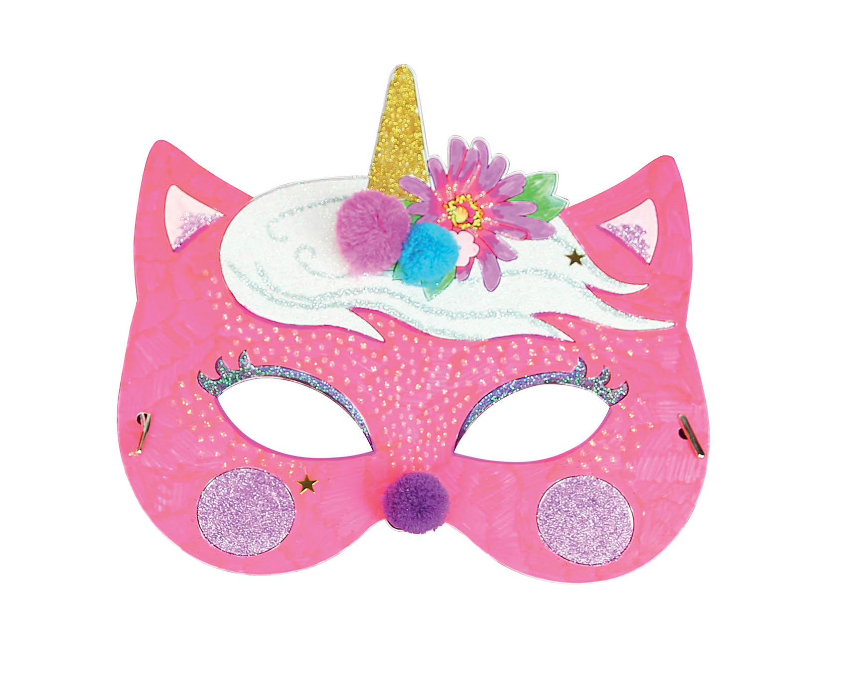 Masque licorne rose coloré avec paillettes dorées et fleurs