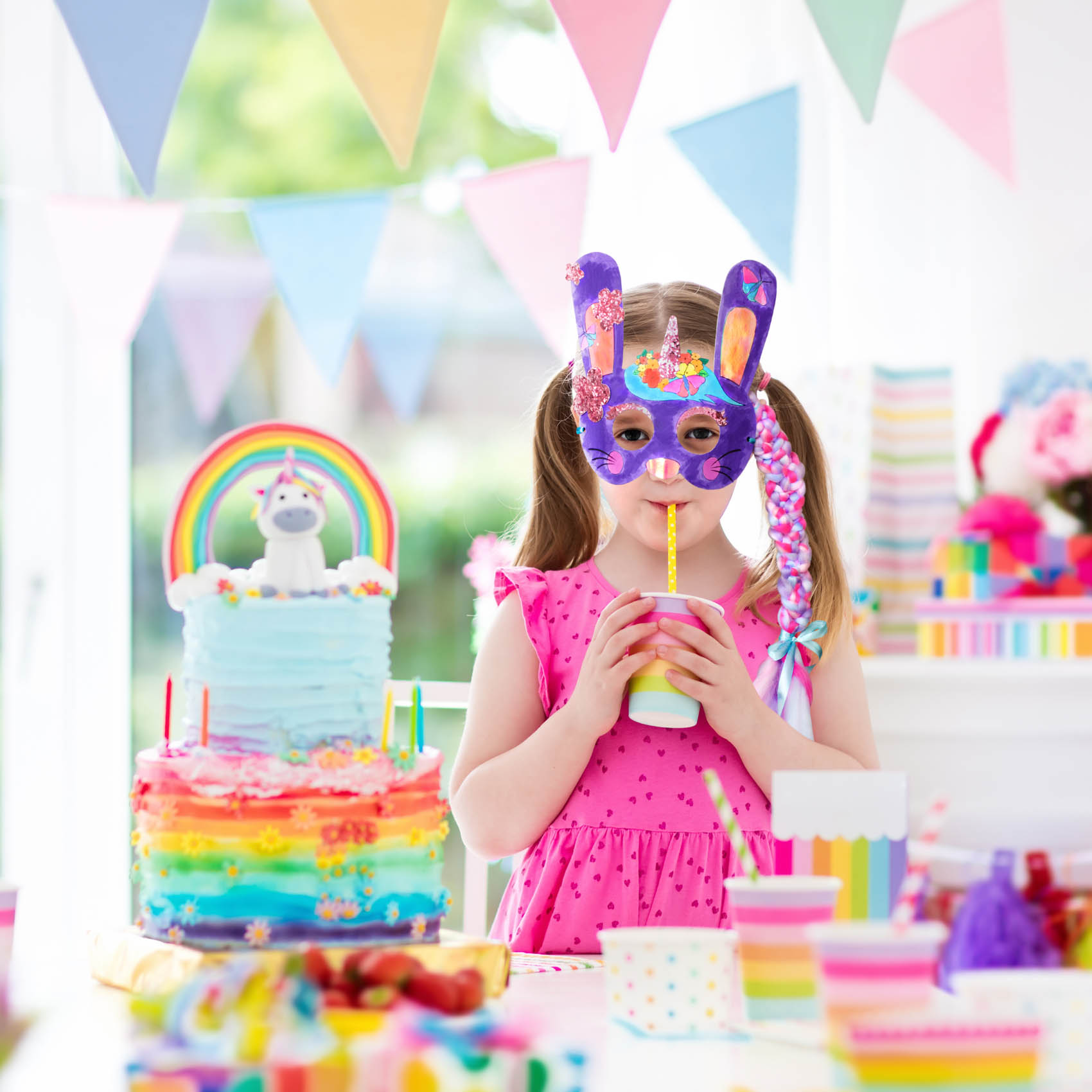 Petite fille avec couettes et masque lapin licorne décoré boit à la paille