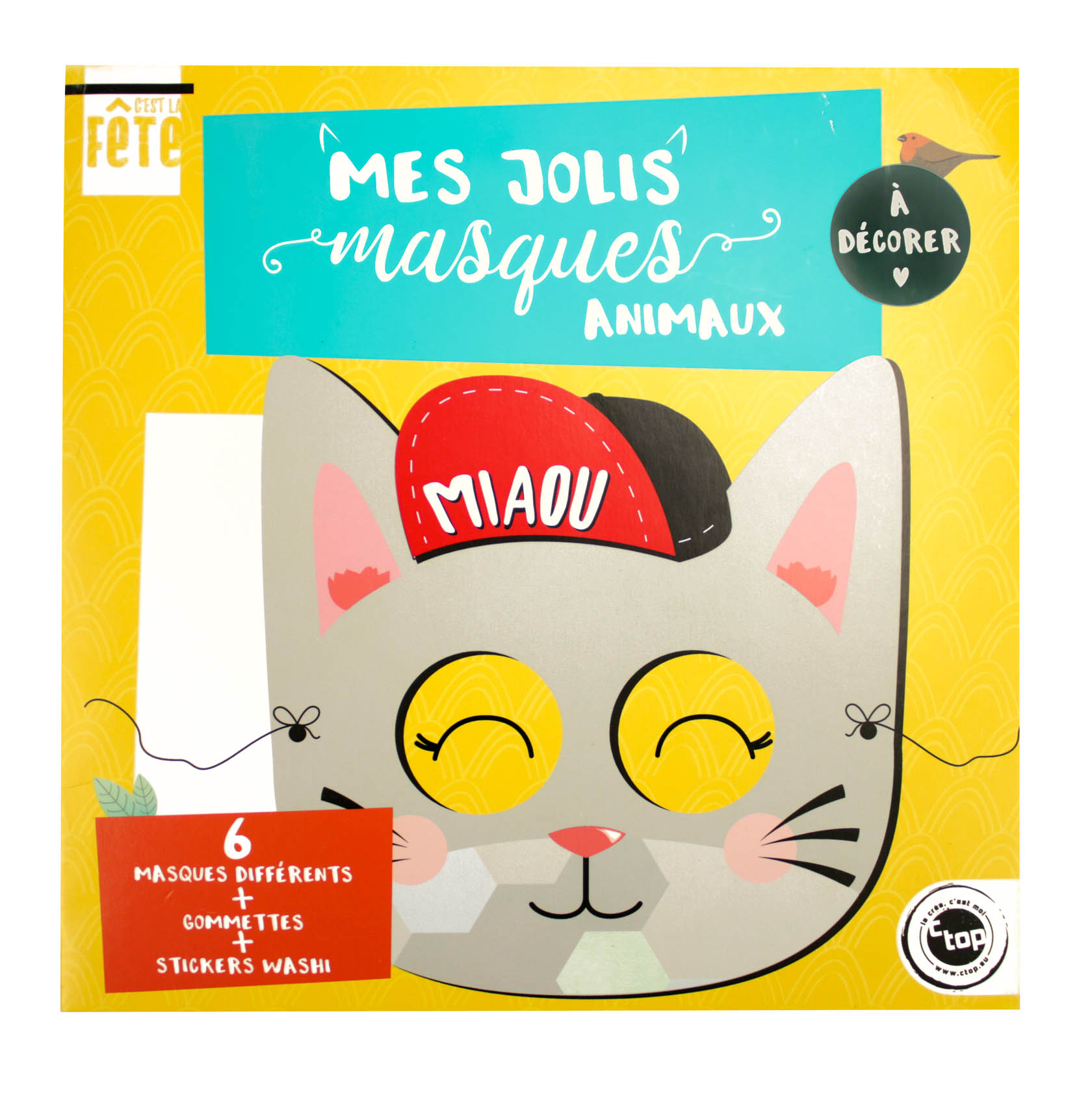 Couverture jaune de livre de masques à colorier avec chat avec une casquette