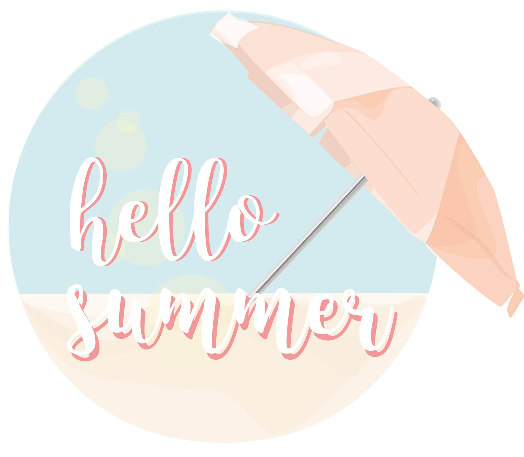 illustration ronde de la plage avec un parasol et typographie liée hello summer