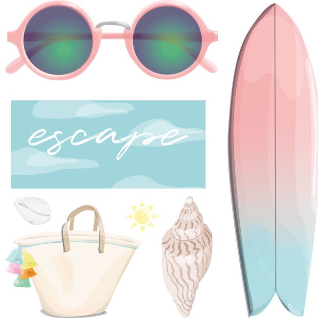 illustrations aquarelle surf, panier à pompons, coquillage et lunettes pastel par illustratrice freelance