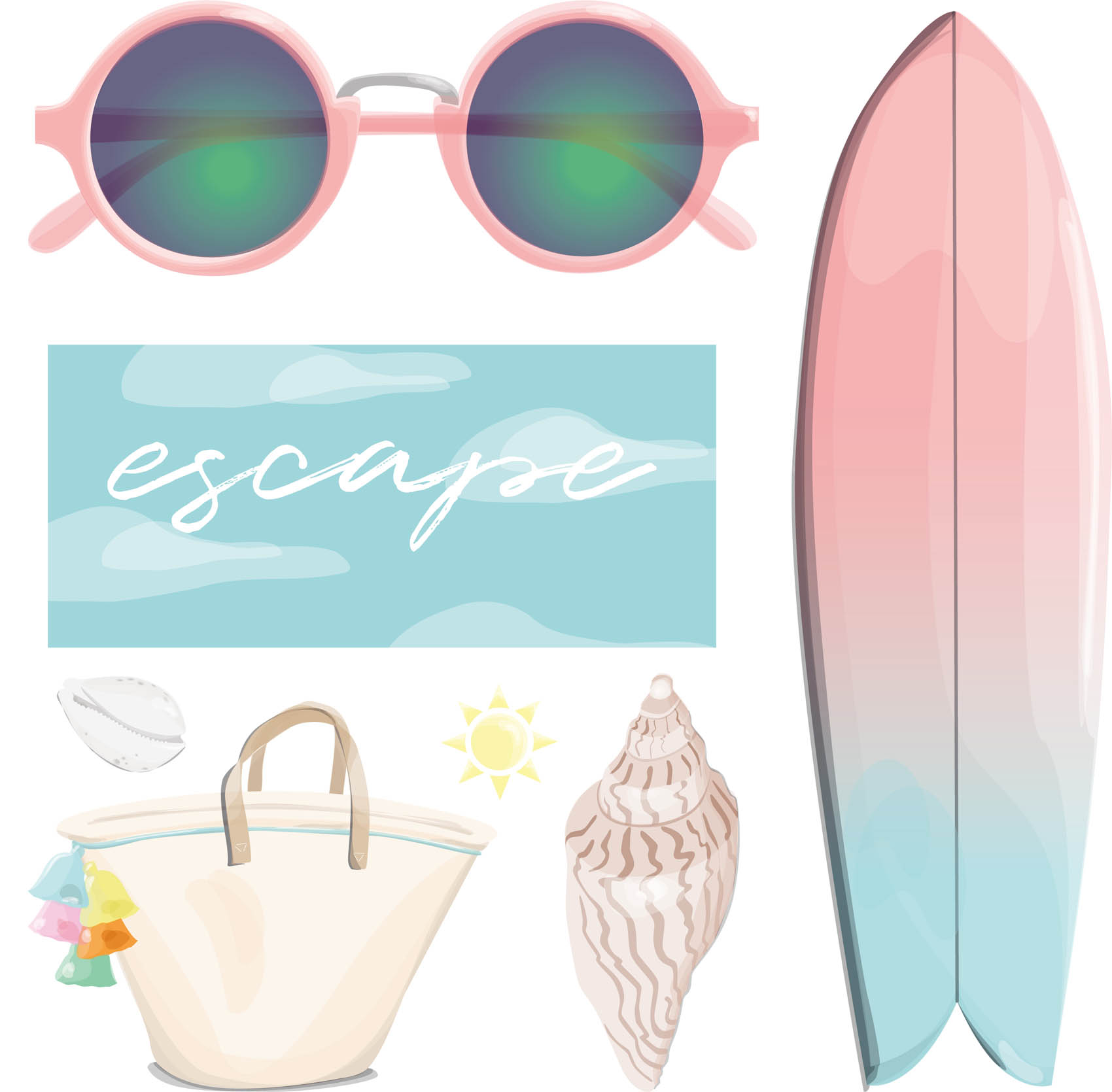 illustrations aquarelle surf, panier à pompons, coquillage et lunettes pastel par illustratrice freelance