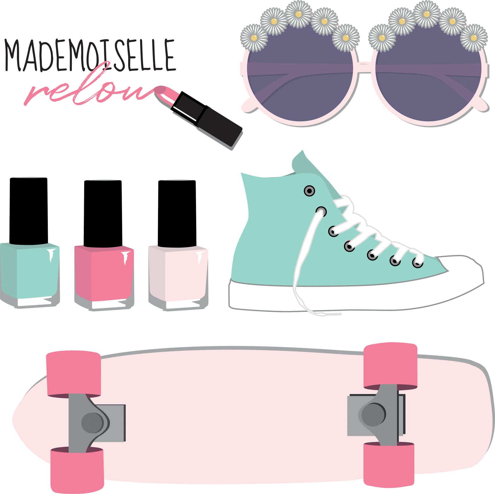 illustrations sur le thème girly avec skateboard, lunettes et converse