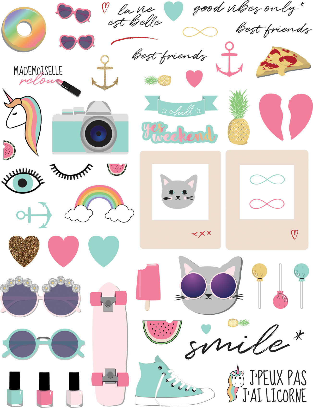 Planche de stickers thème adolescent couleurs pastel