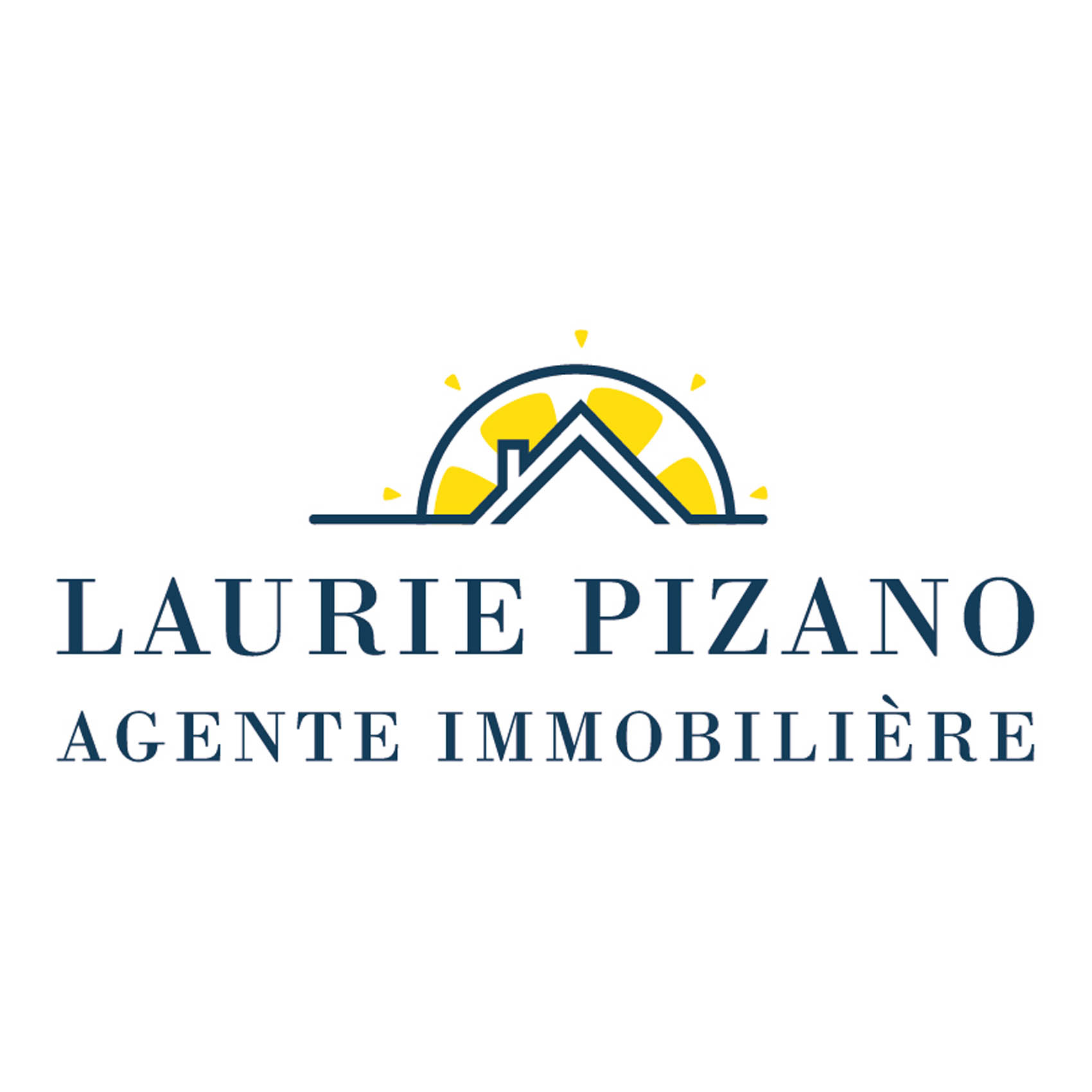 logo bleu et jaune sur fond blanc d'une agente immobilière avec citron, maison et soleil