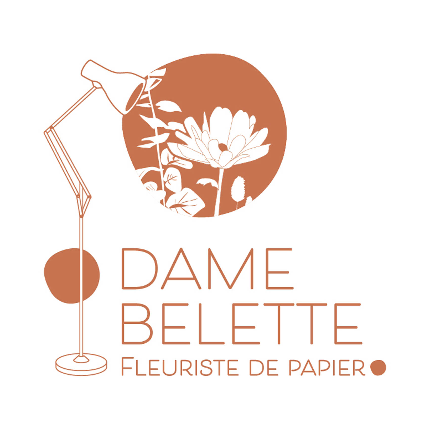 logo d'une fleuriste avec fleur, rond et lanpe, couleur brique orange