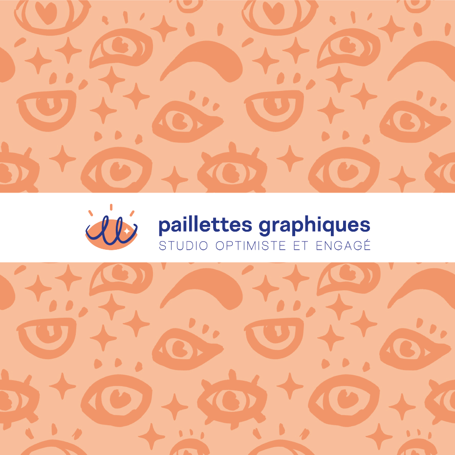 graphiste illustratrice paillettes graphiques sur fond saumon avec motif oeil