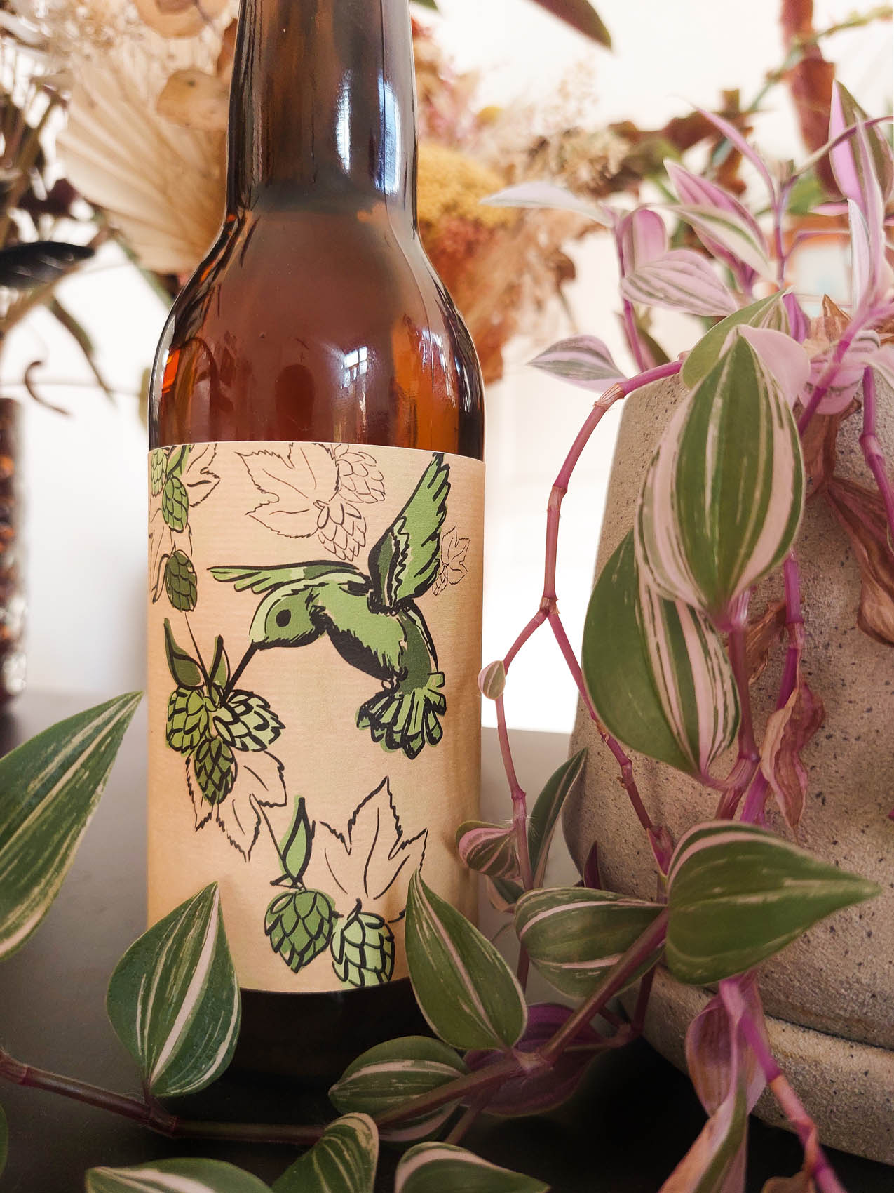 Bière artisanale avec étiquette kraft et colibri vert avec une plante à coté