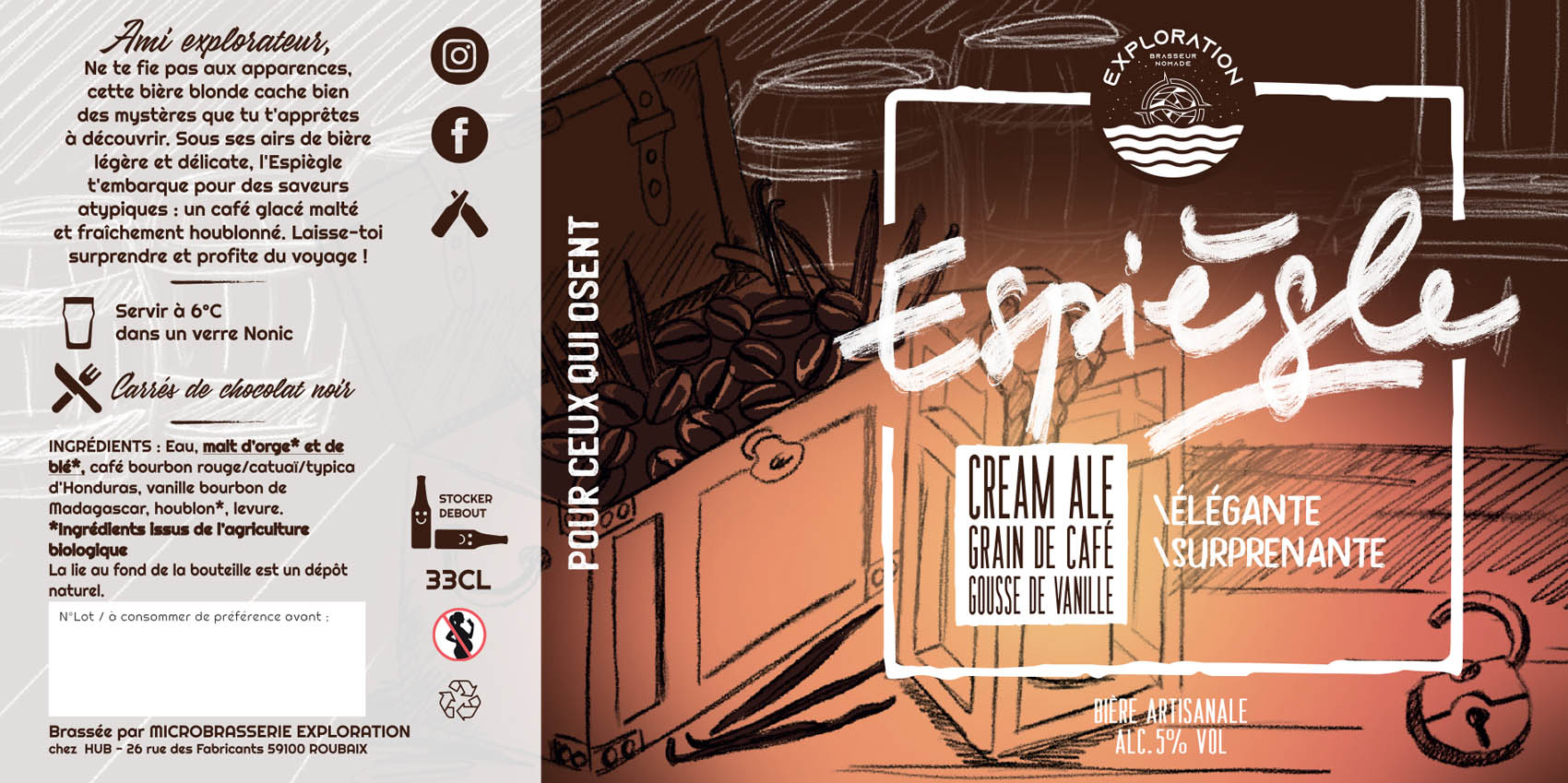 Etiquette pour vière artisanale 33cl cream ale, avec café et coffre.