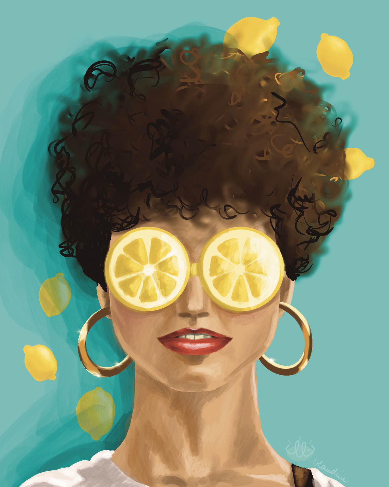 Femme avec cheveux courts bouclés et lunettes de soleil citron