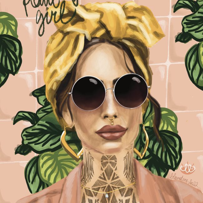 Illustration portrait d'une femme tatouée avec lunettes de soleil et foulard dans les cheveux.