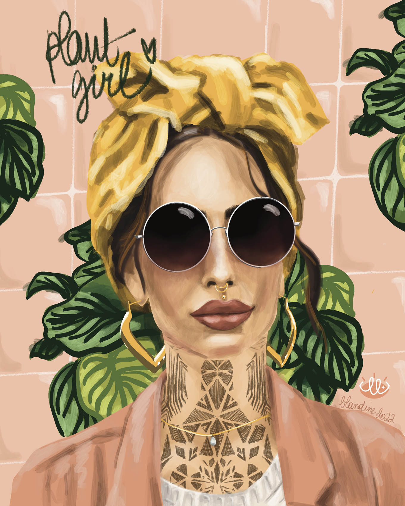 Illustration portrait d'une femme tatouée avec lunettes de soleil et foulard dans les cheveux.