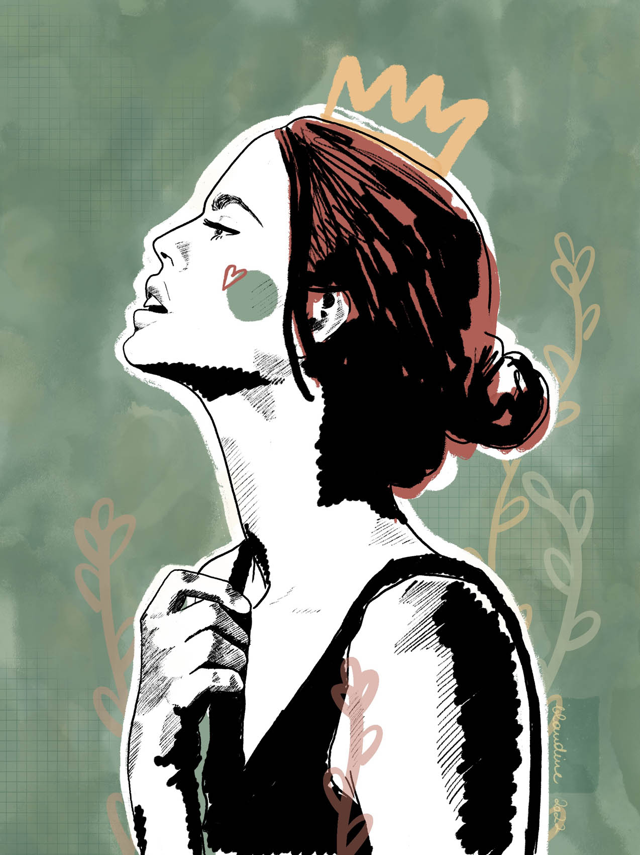 Illustration d'une femme de profil qui lève la tête avec couronne par illustratrice freelance