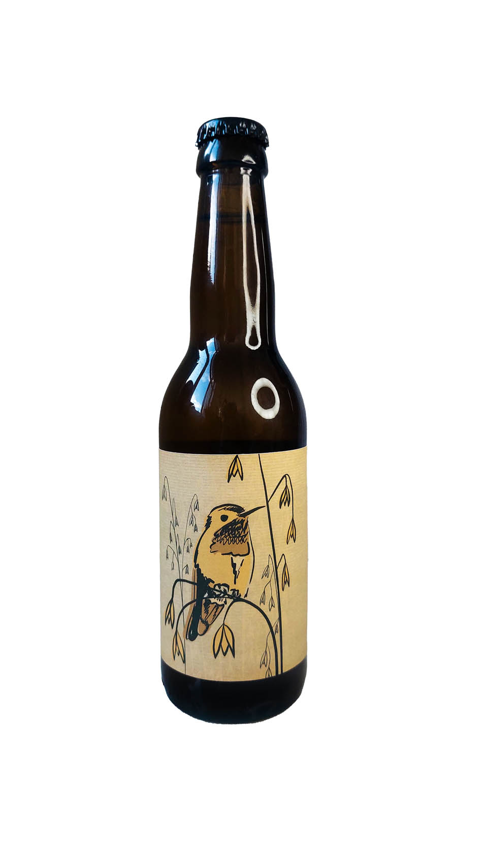 Etiquette kraft de bière artisanale avec colibri jaune sur fond kraft