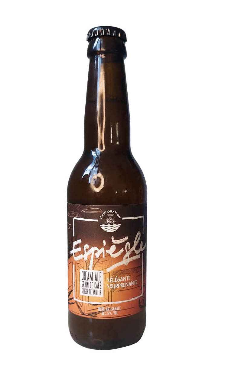 Bouteille de bière 33cl avec étiquette marron et orange sur fond blanc