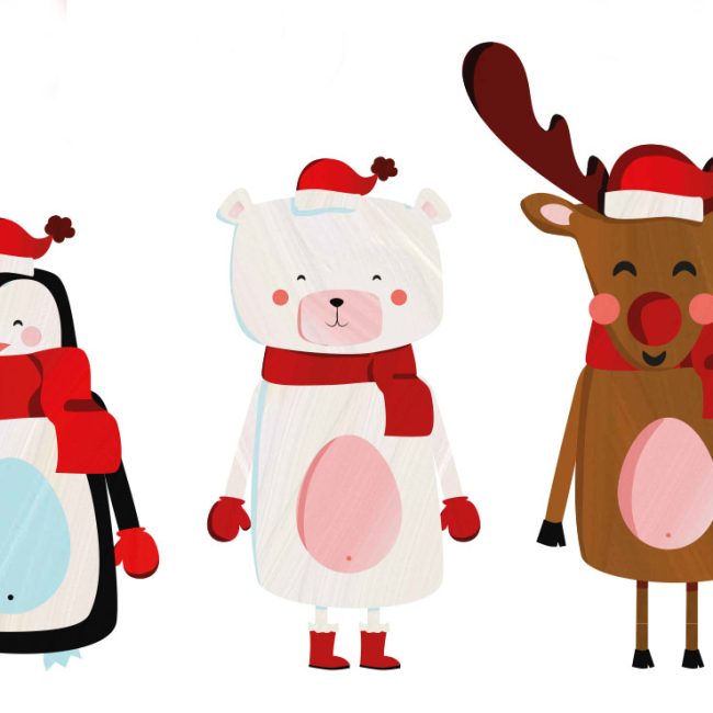 Illustrations de cerf, Père Noël, et pingouin pour des gommettes stickers de Noël.