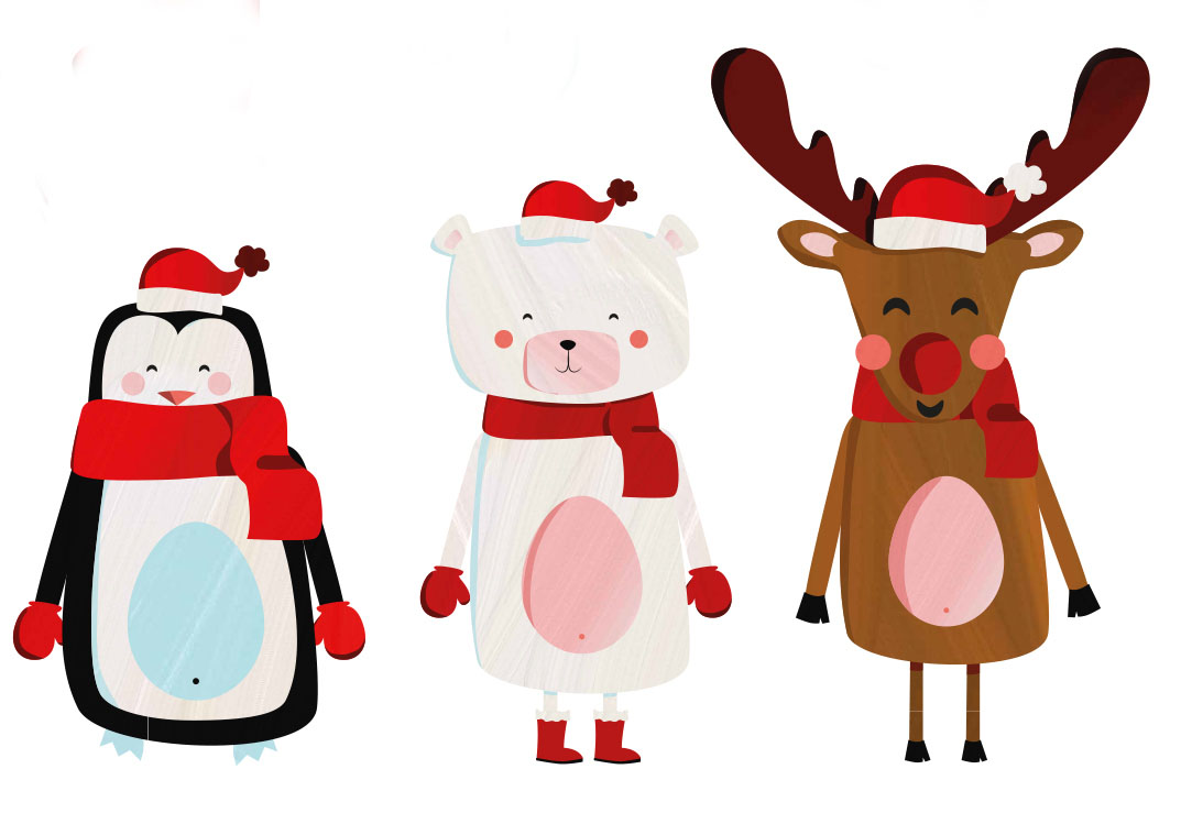 Illustrations de cerf, Père Noël, et pingouin pour des gommettes stickers de Noël.