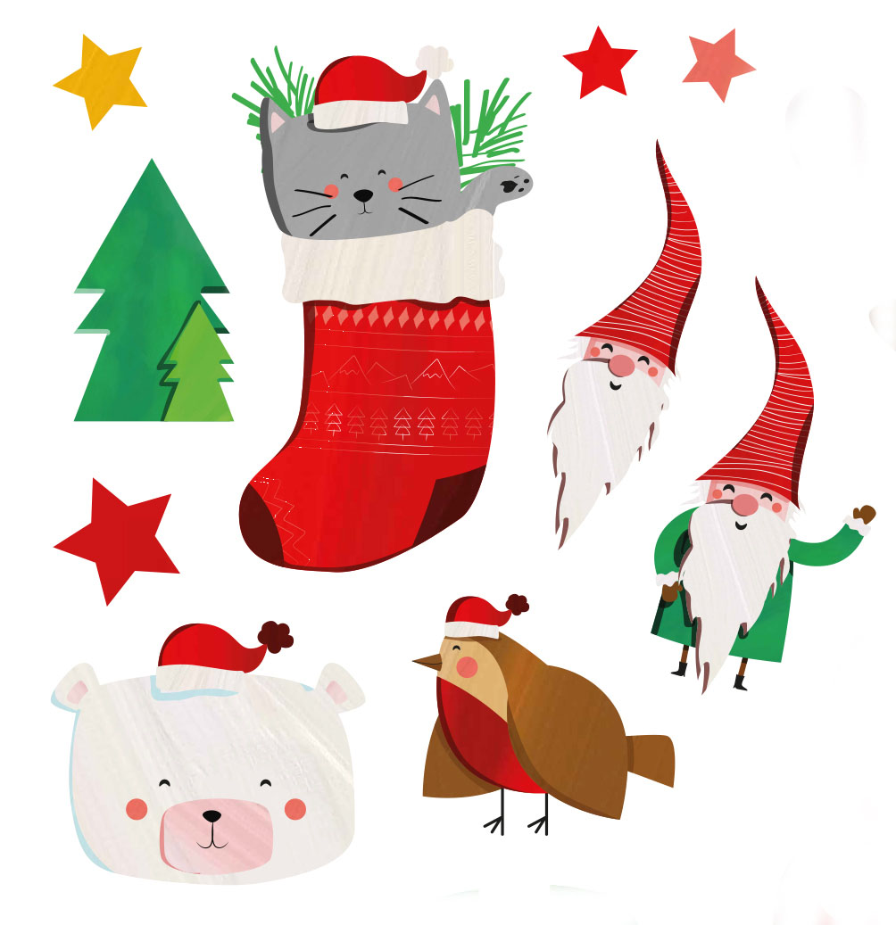 Illustrations de Noël cute mignonnes chat oiseau, ours et lutin