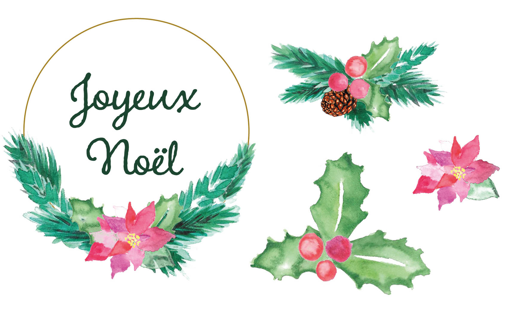 Illustrations originales de couronnes de Noël et houx et pommes de pin, en aquarelle