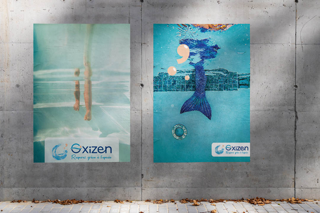 2 affiches bien être, sirène et piscine pour coach apnée bien être, sur mur ciment